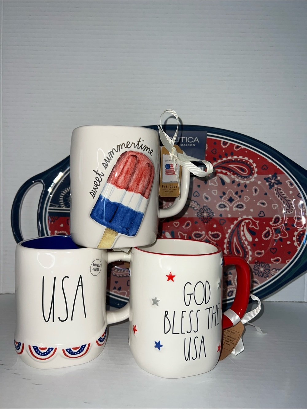 Rae Dunn Patriotic Ceramic Mug Flag Popsicle Red White Blue Serving Tray New